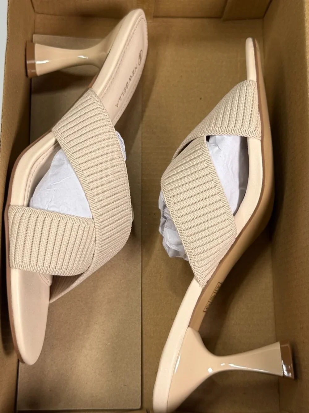 Newbella Beige Knit Criss Cross Mule Heels Sandals Size 6.5